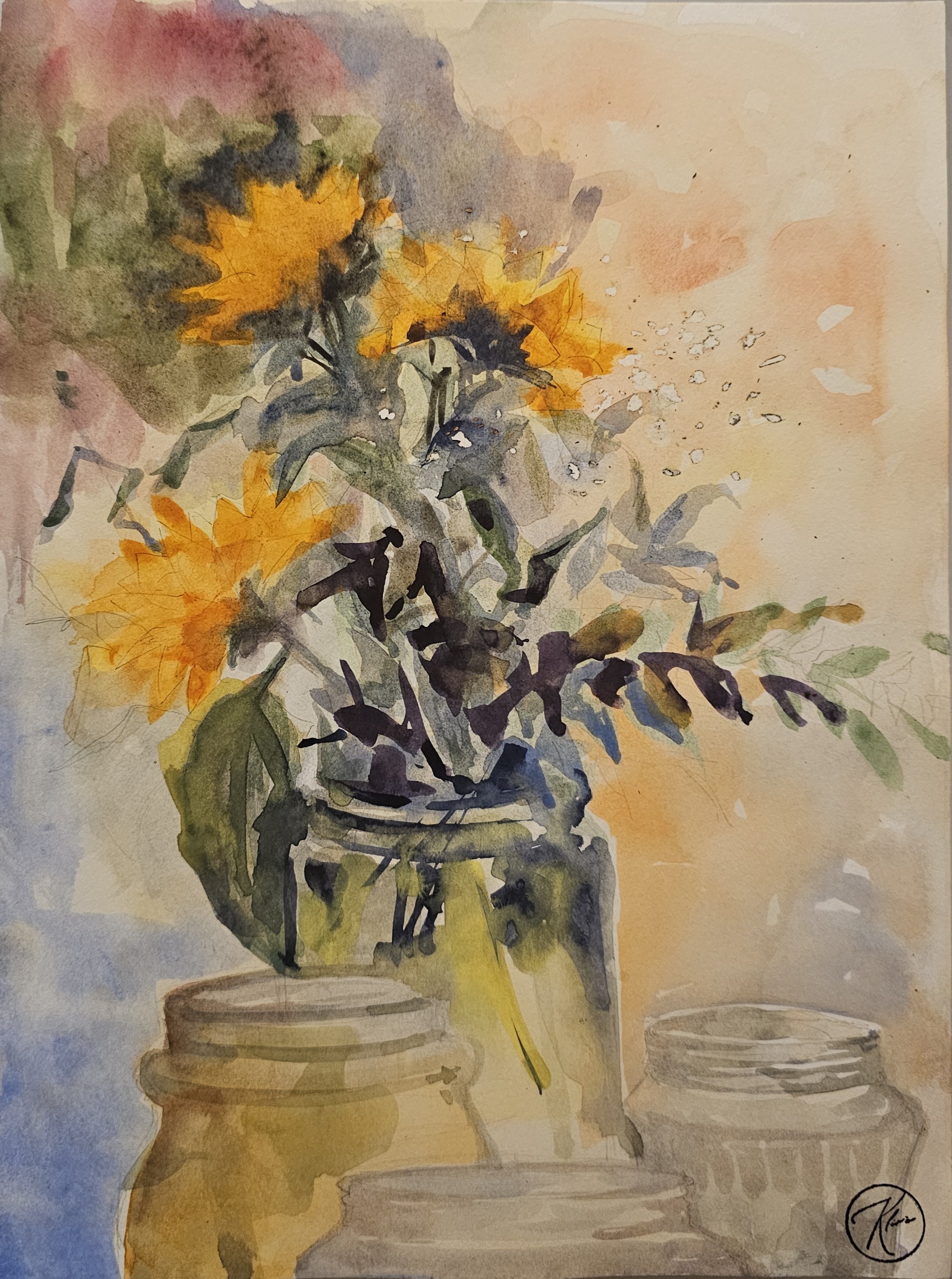 Dipinto ad acquerello di barattoli con fiori di Klirò