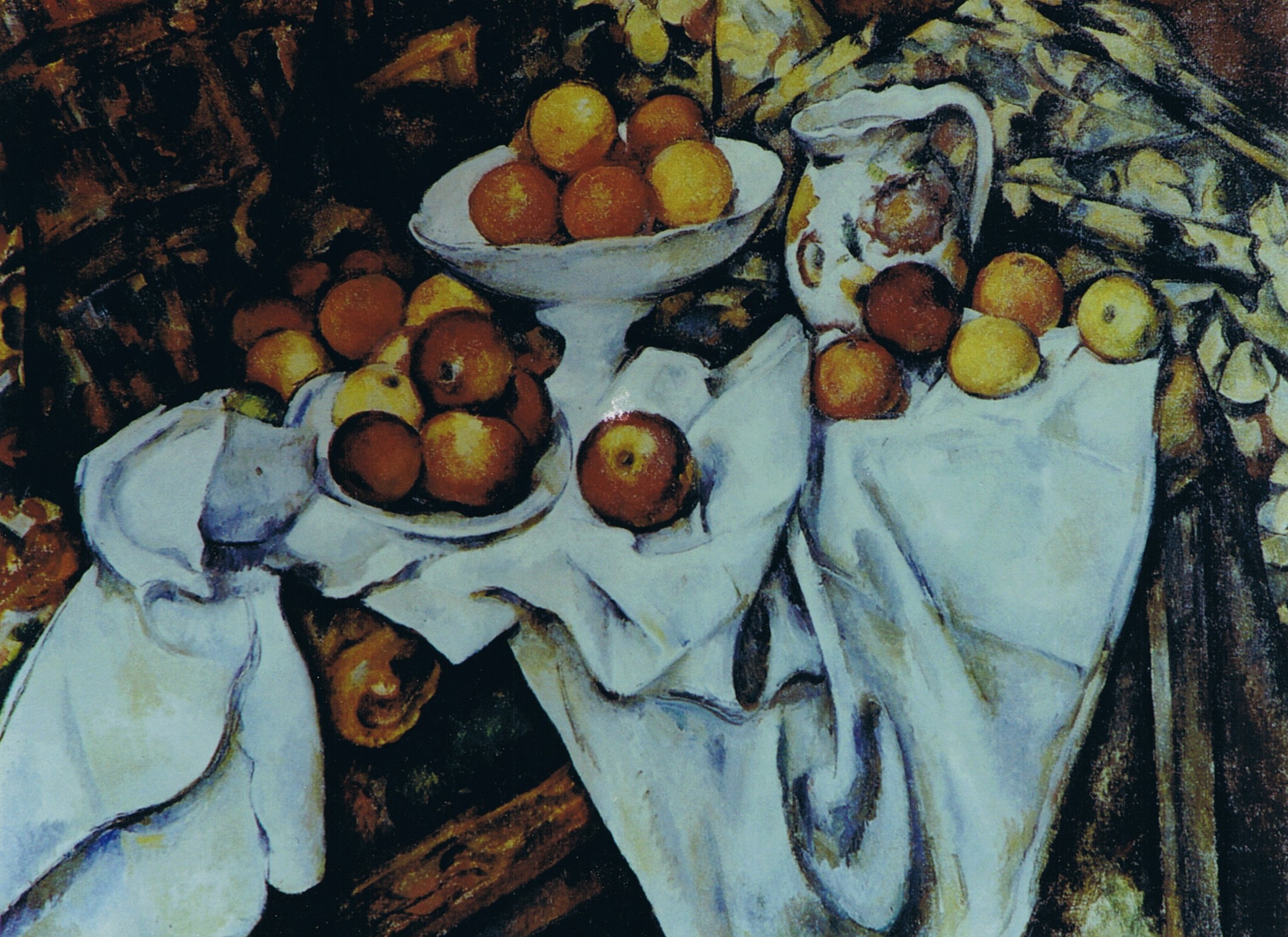Paul Cezanne Natura morta con tenda, fruttiera, caraffa e frutta klirò clizia omarini falso d'autore copia
