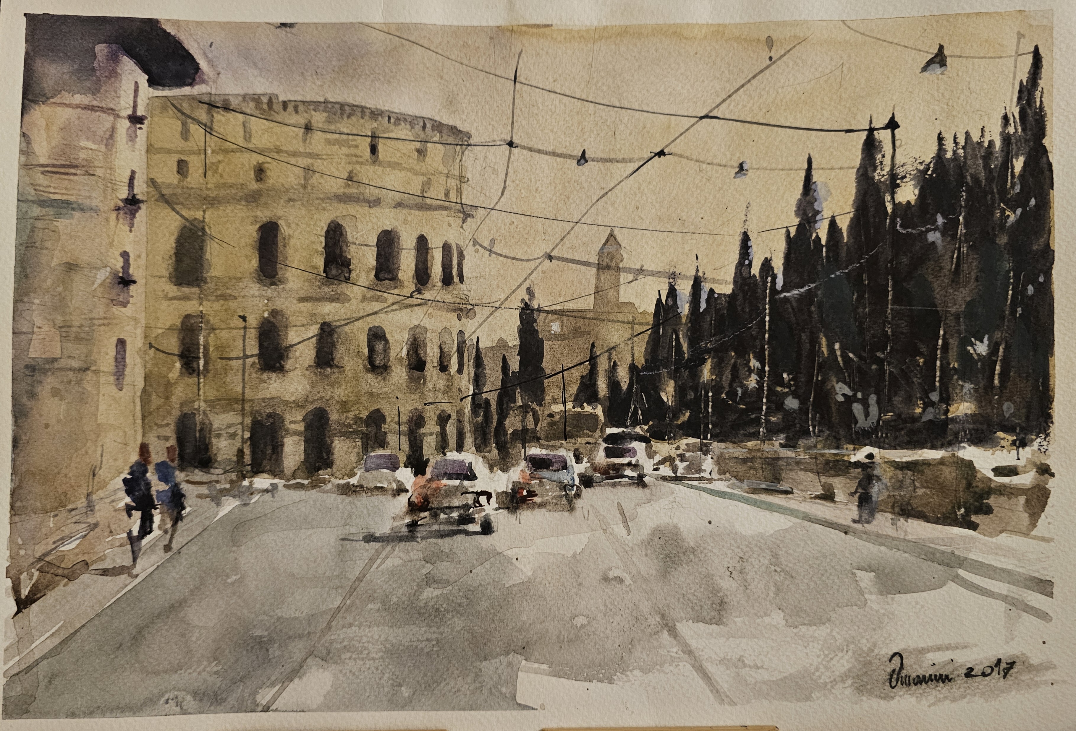 Dipinto ad acquerello di Klirò raffigurante strada romana che si affaccia sul Colosseo