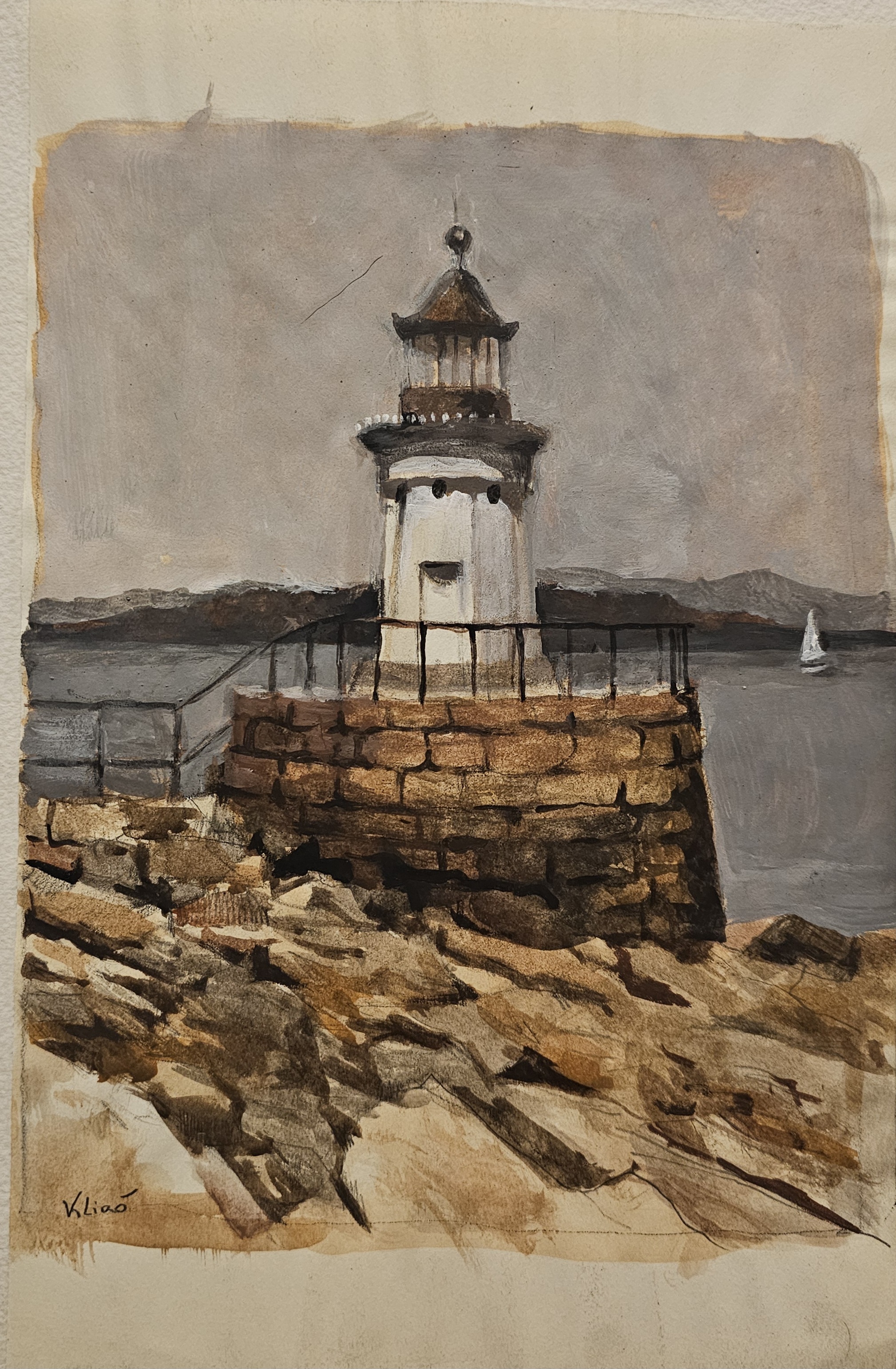Paesaggio marino con faro ad acquerello di Klirò