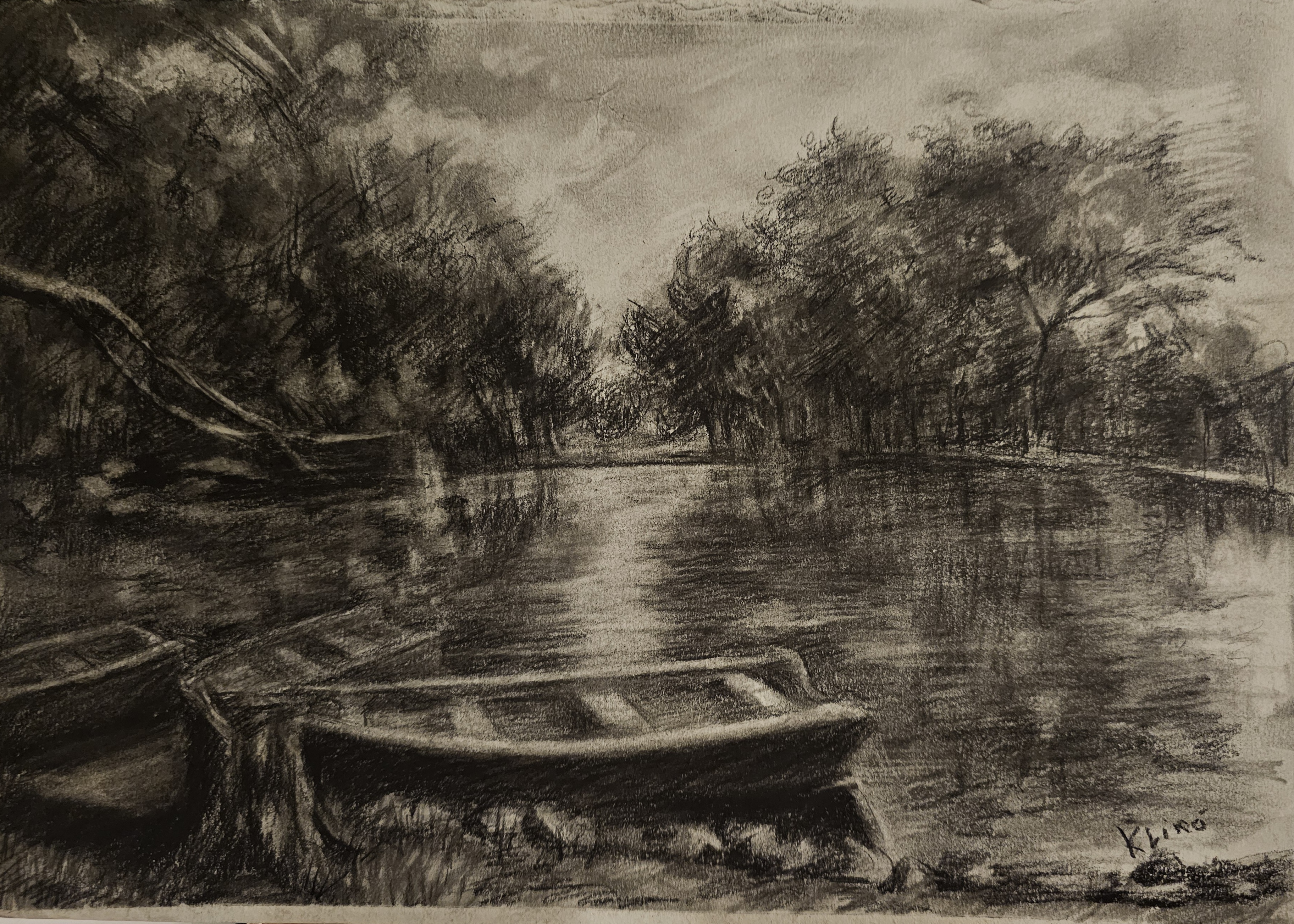 Disegno a carboncino di Klirò raffigurante il laghetto di Villa Borghese a Roma