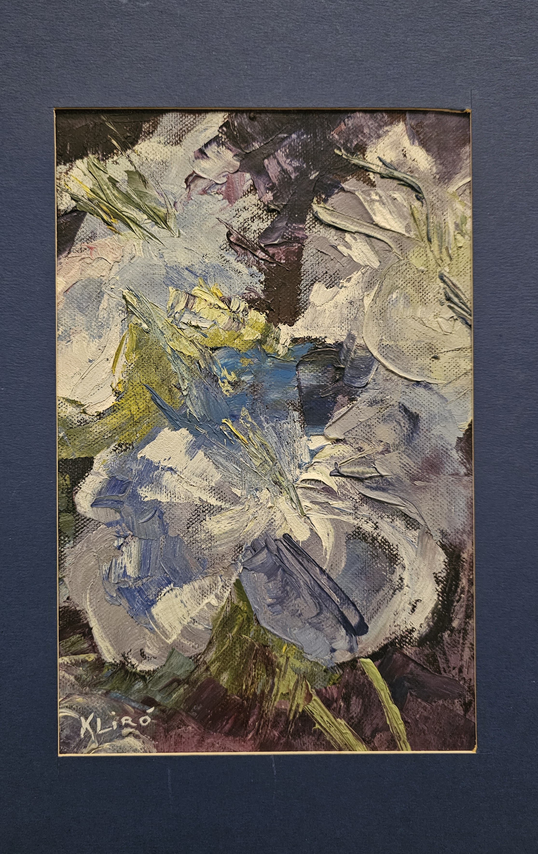 Dipinto ad olio di fiori iris con spatola di Klirò