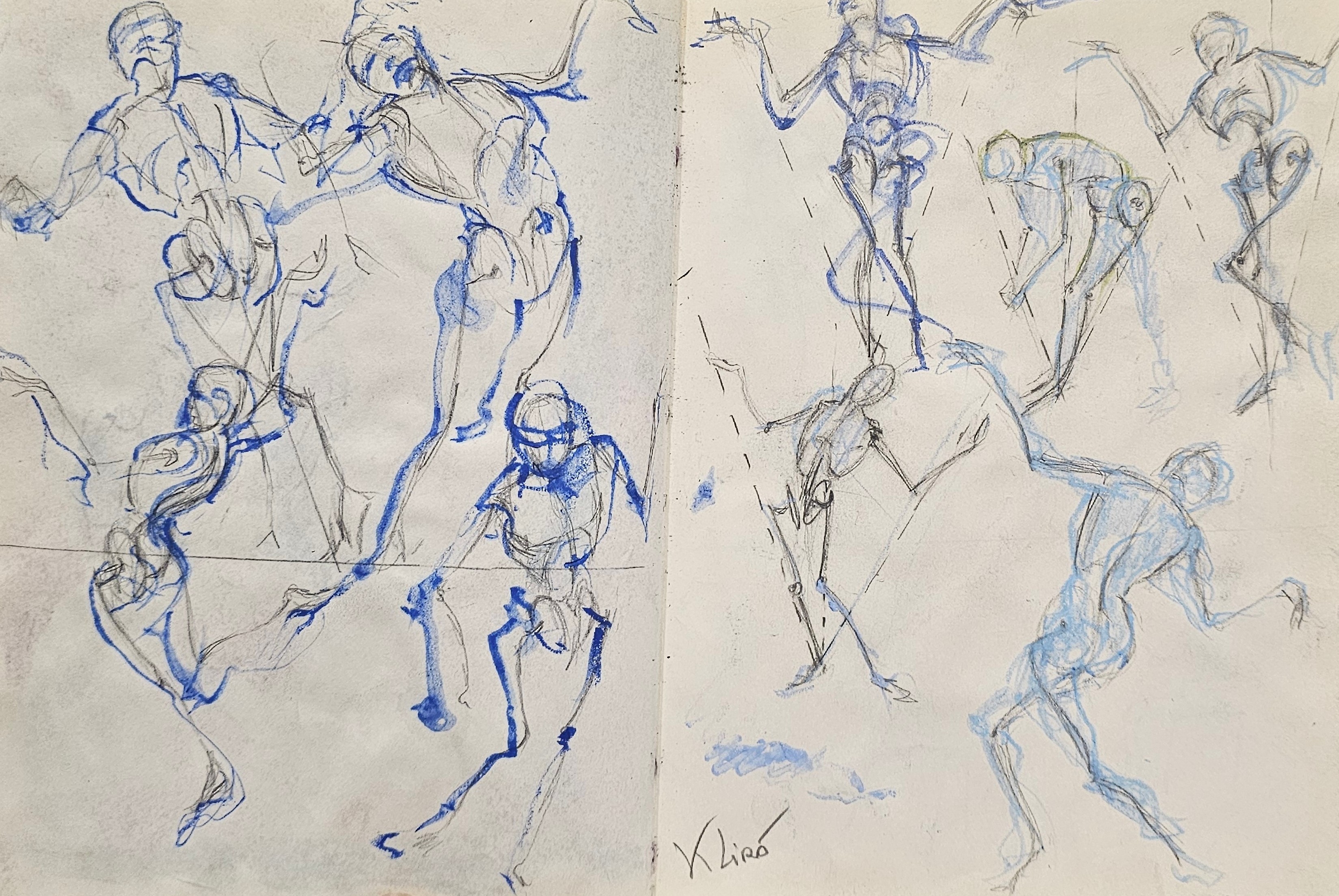 Disegno a pastello acquerellabile e matita di Klirò ''Danse de squelettes'' con scheletri stilizzati che dansano