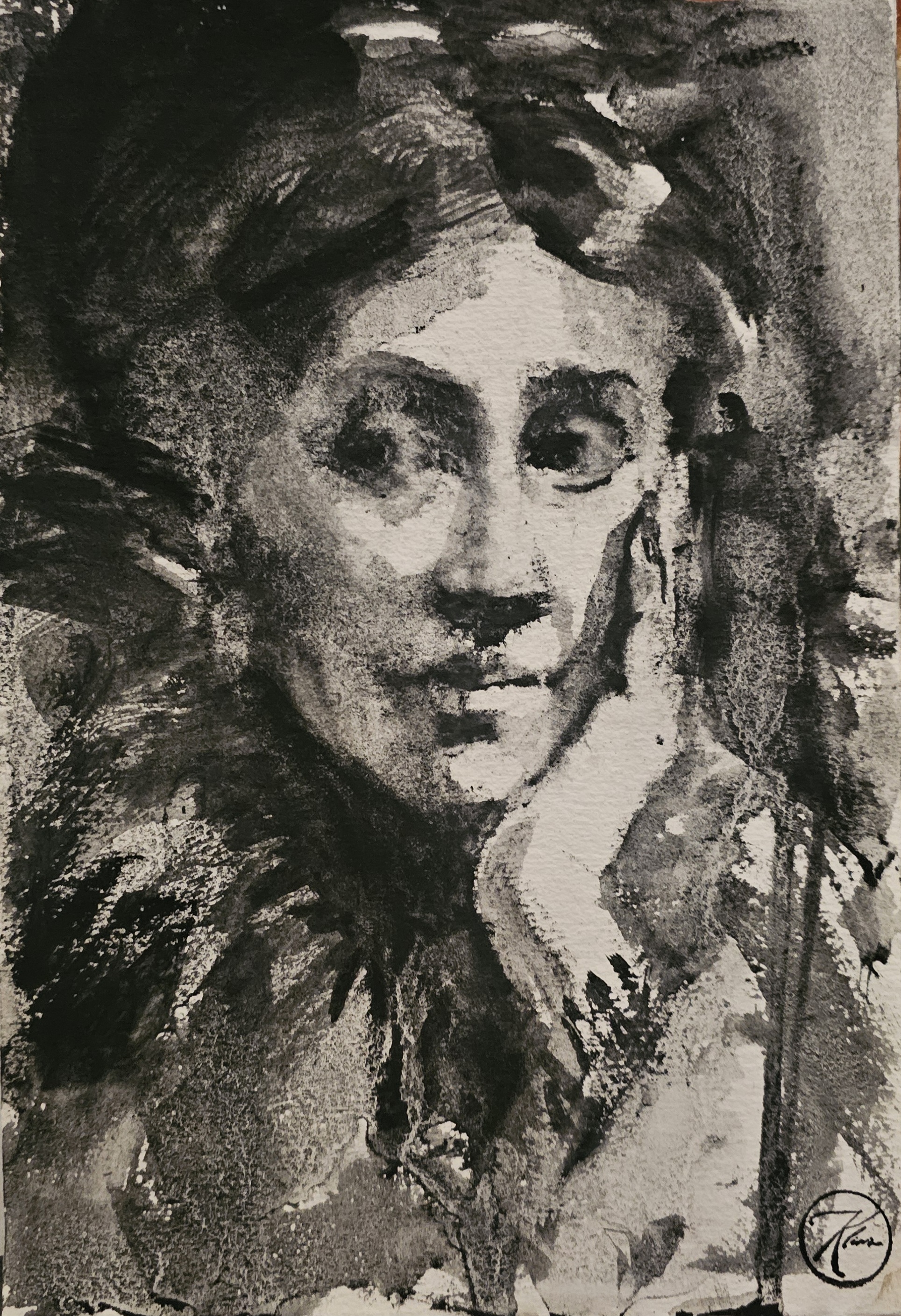 Ritratto di donna di Klirò Memorie ad acquerello lunar black della Daniel Smith