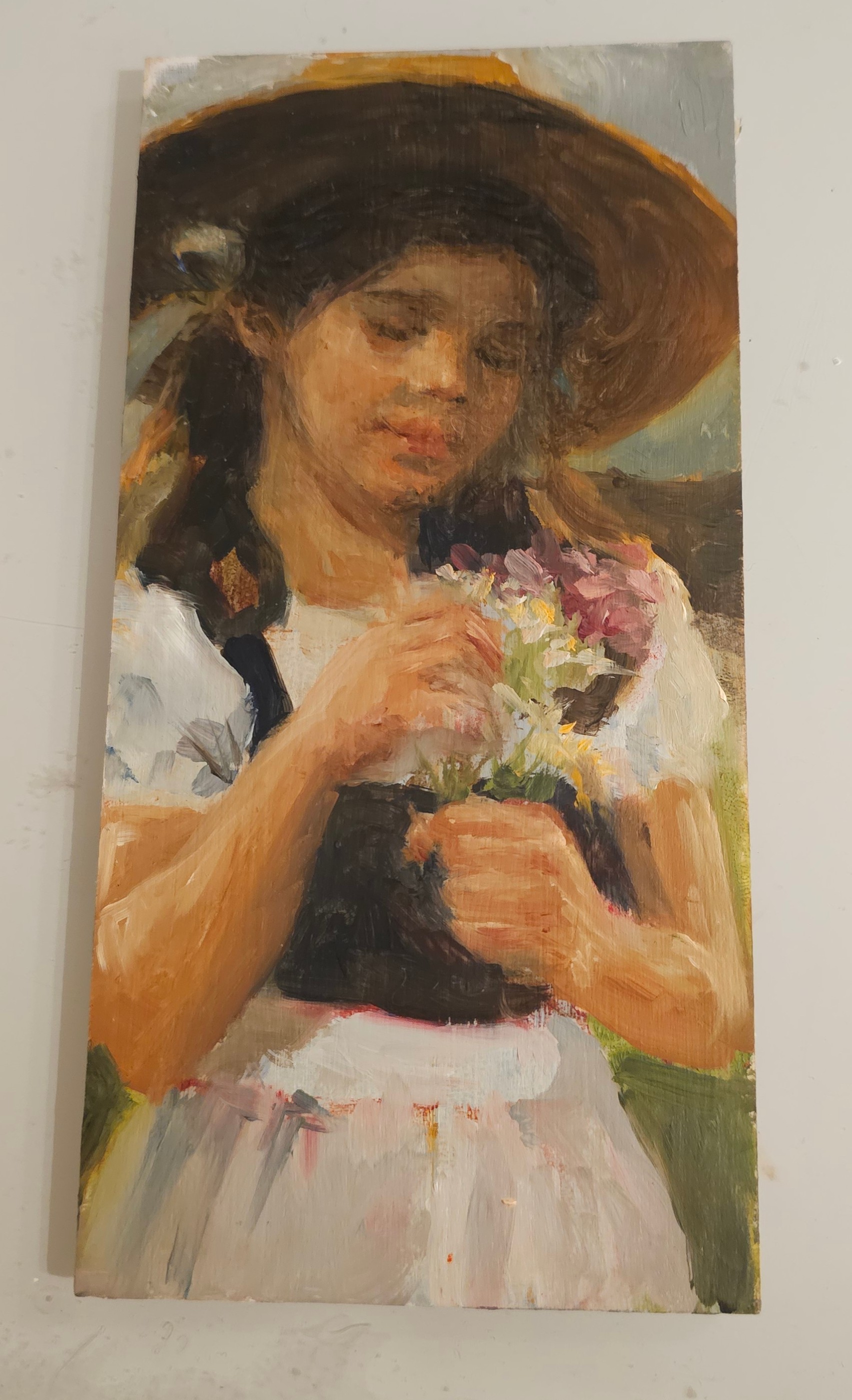 Dipinto ad olio di bambina che tiene in mano dei fiori di Klirò