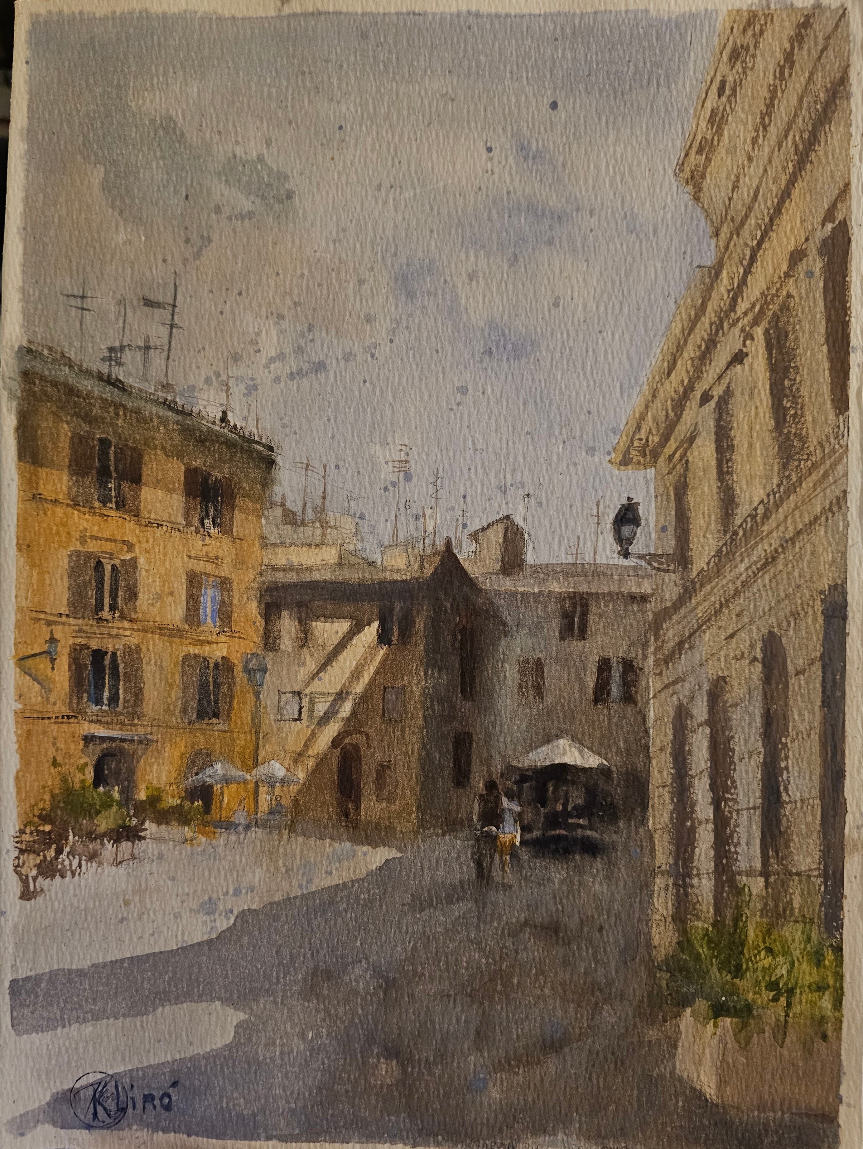 Dipinto ad acquerello di Klirò di scorcio romano a Trastevere