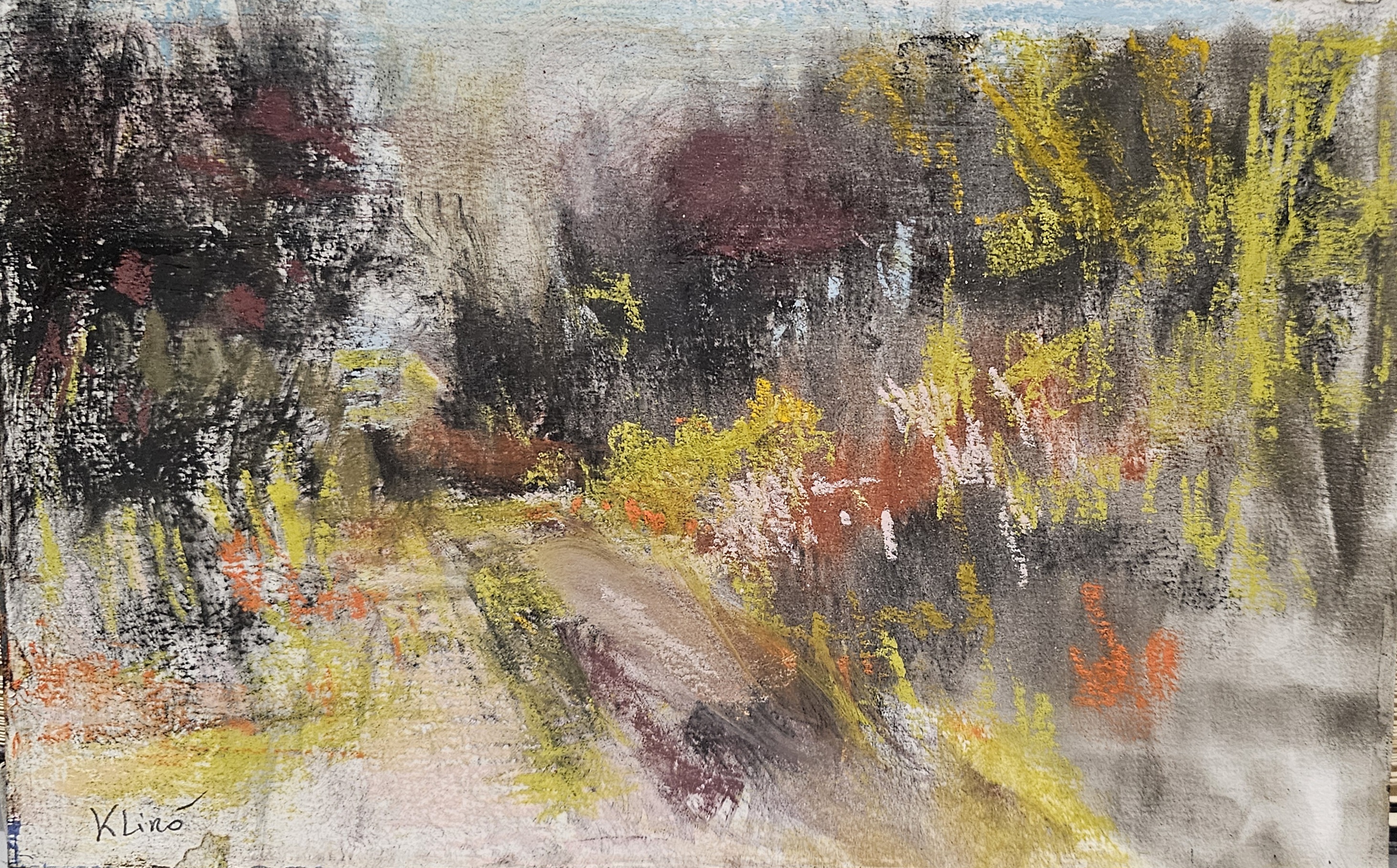 Dipinto astratto "Stradina di campagna" , pastello su carta di Klirò