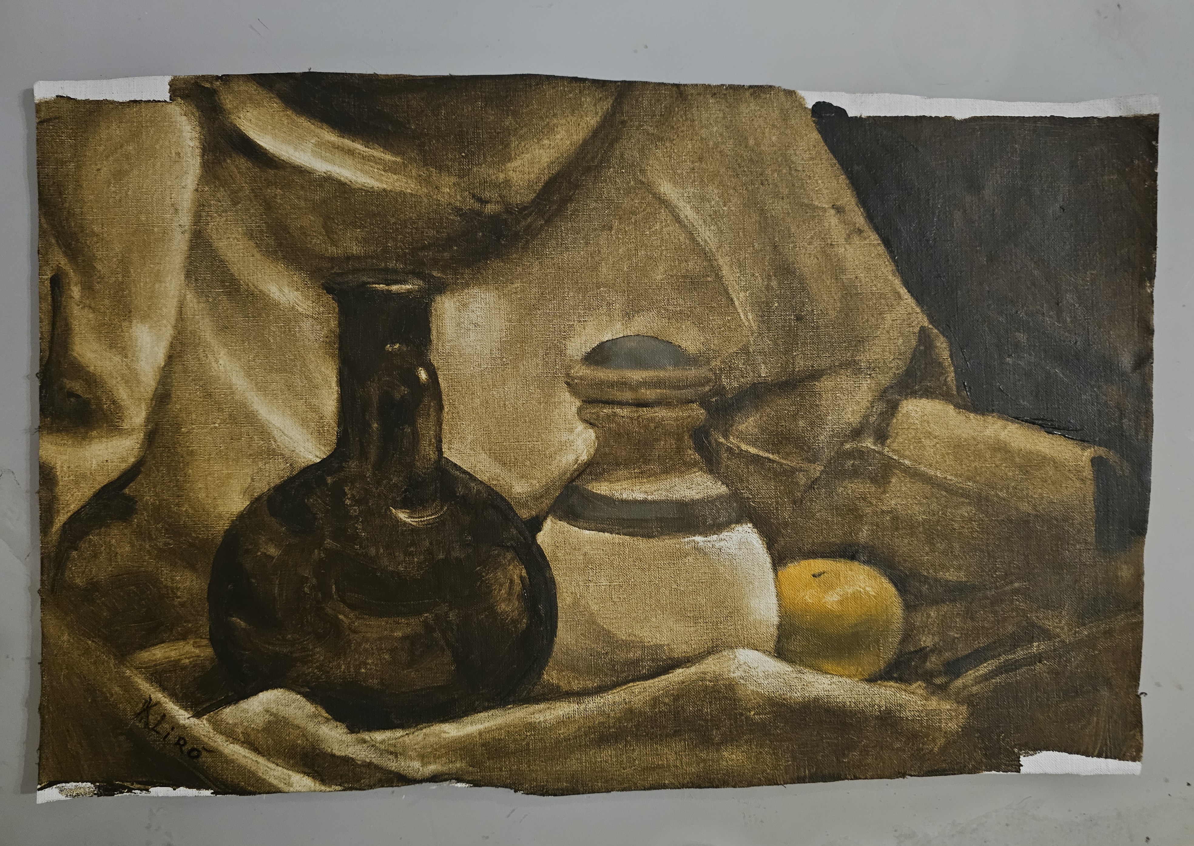 Olio su tela di natura morta con mandarino realizzato con terre d'ombra da Klirò