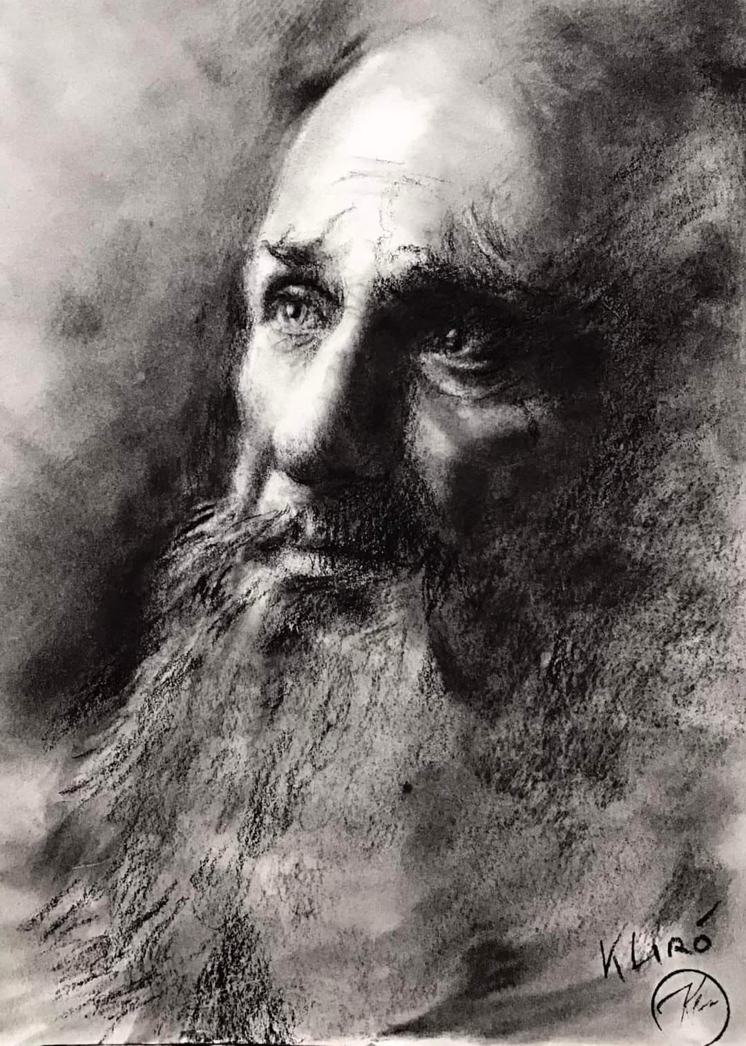 Ritratto a carboncino di San Bendetto da Norcia eseguito da Klirò