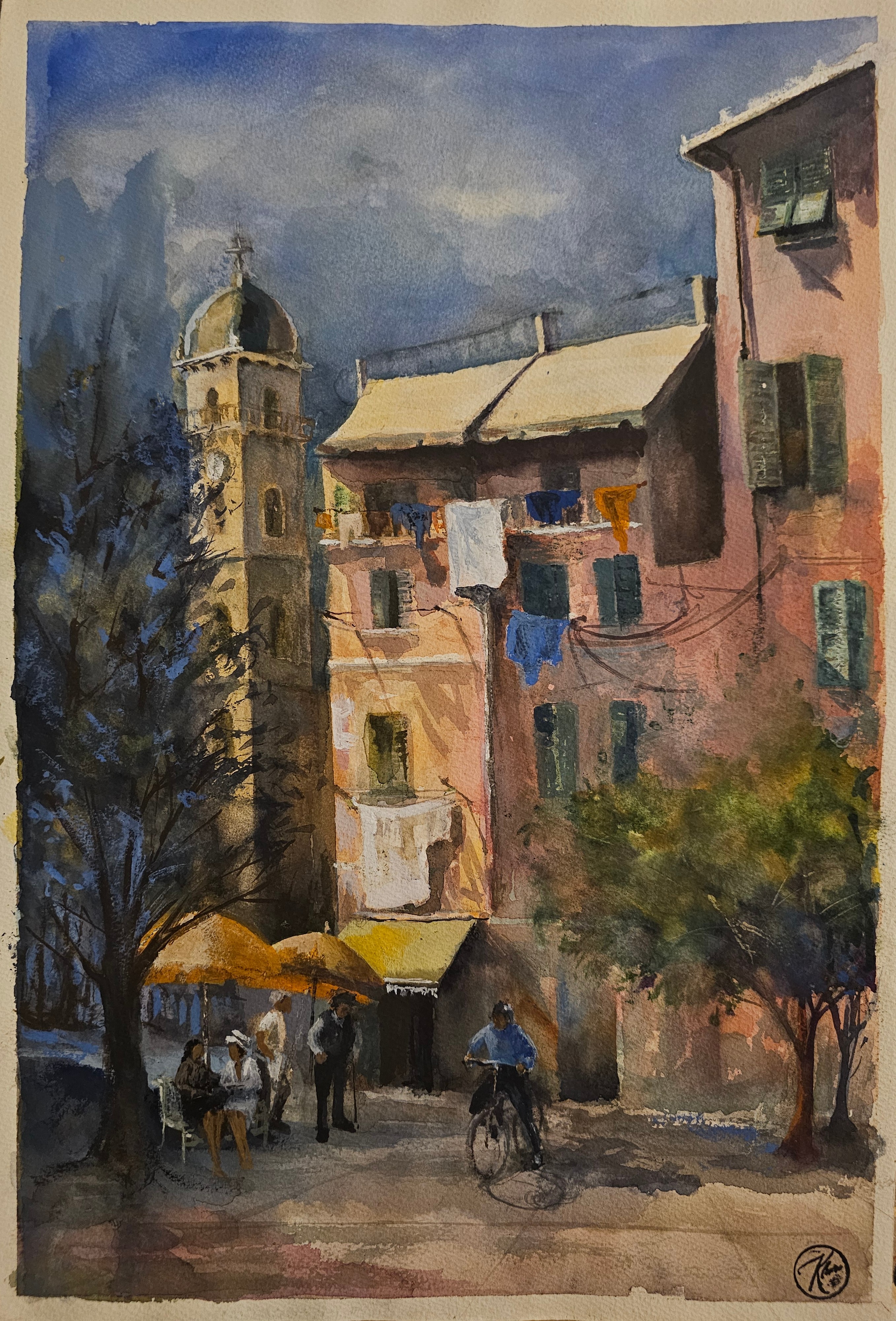 Dipinto ad acquerello di Klirò raffigurante momenti di vita quotidiana presso la città ligure di Vernazza